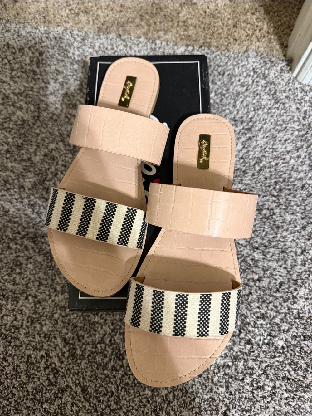 Qupid Blush Pink Slide Sandals with Black & White Striped Band